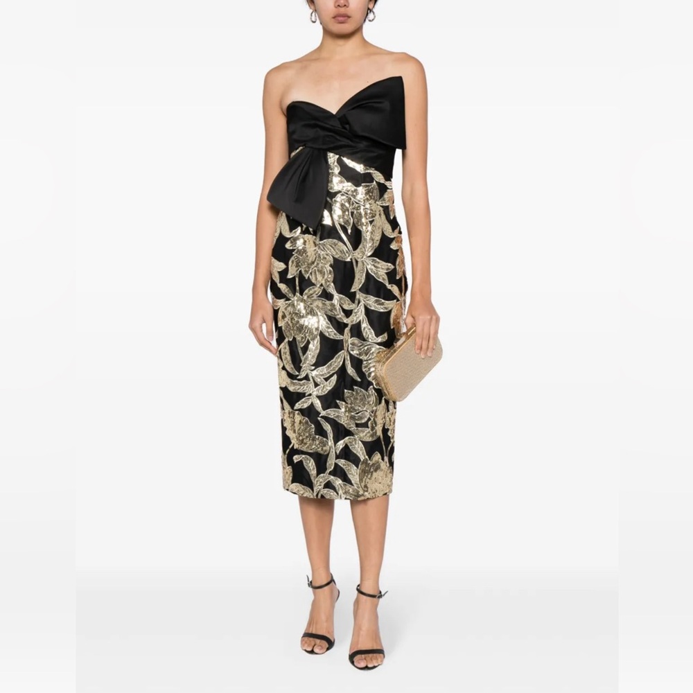 MARCHESA NOTTE***Black and Gold Lotus Strapless Bow Midi Dress****US 4 $795